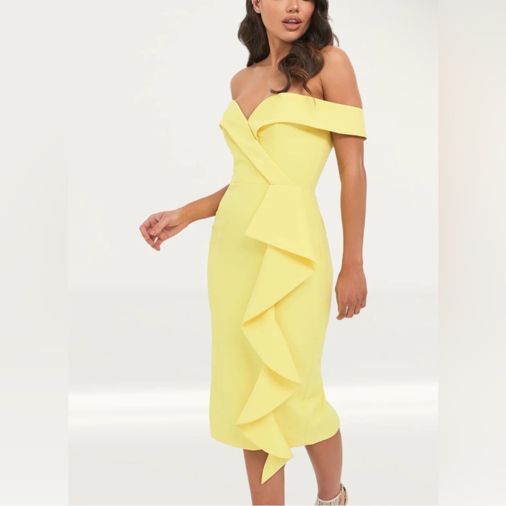 NEW Lavish Alice Yellow Bardot Midi Dress 12 - Picture 4 of 11